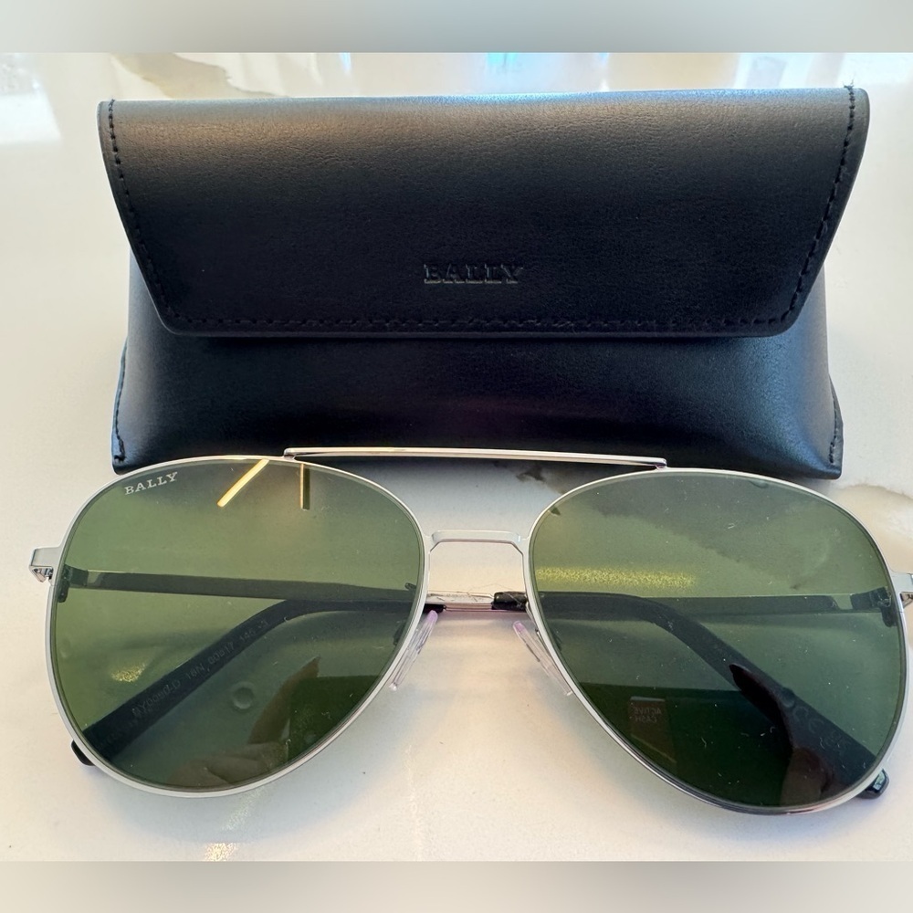 BALLY Italy Silver Aviator Sunglasses - Dark Green Lens